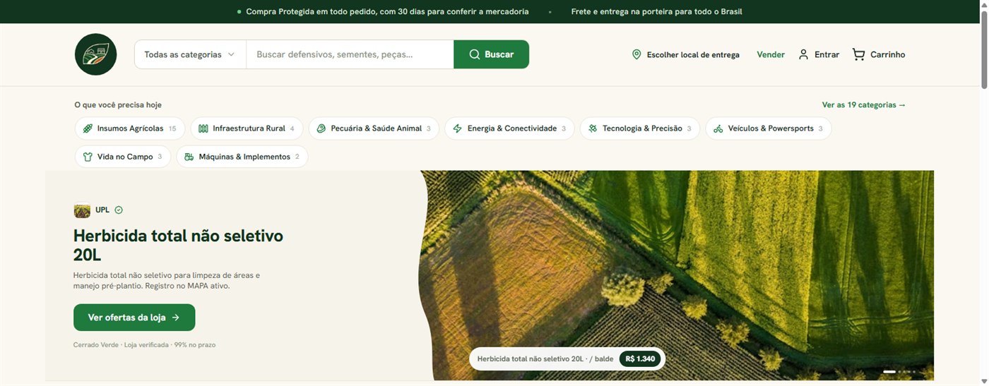 Caminho da Lavoura marketplace, showing categories, a featured product and verified sellers