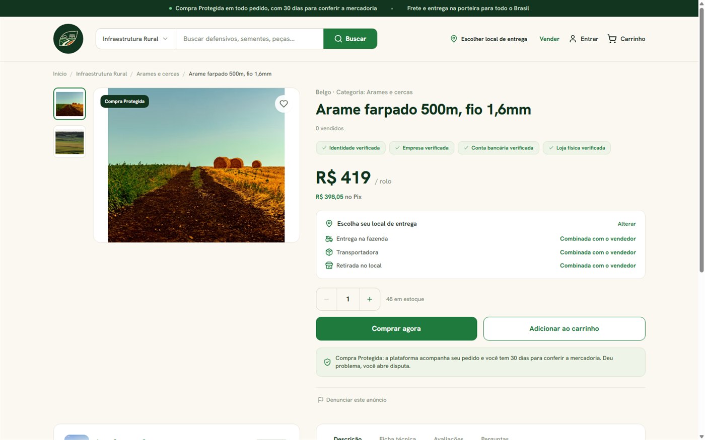 Caminho da Lavoura product page, showing seller verification, price, stock and delivery options